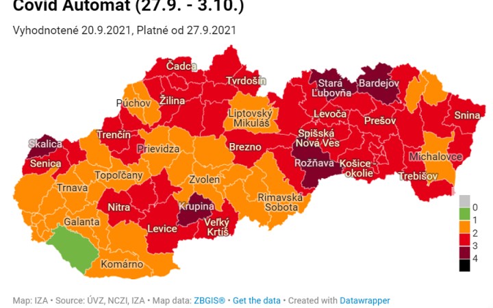 Bordových okresov bude päť, zelená ostane len Dunajská Streda